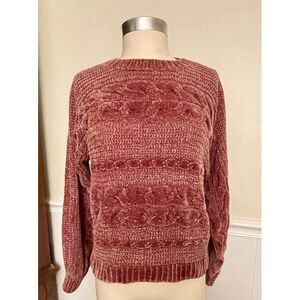 Pink Rose Cable Knit crew neck pullover Sweater Balloon Sleeves womens Medium